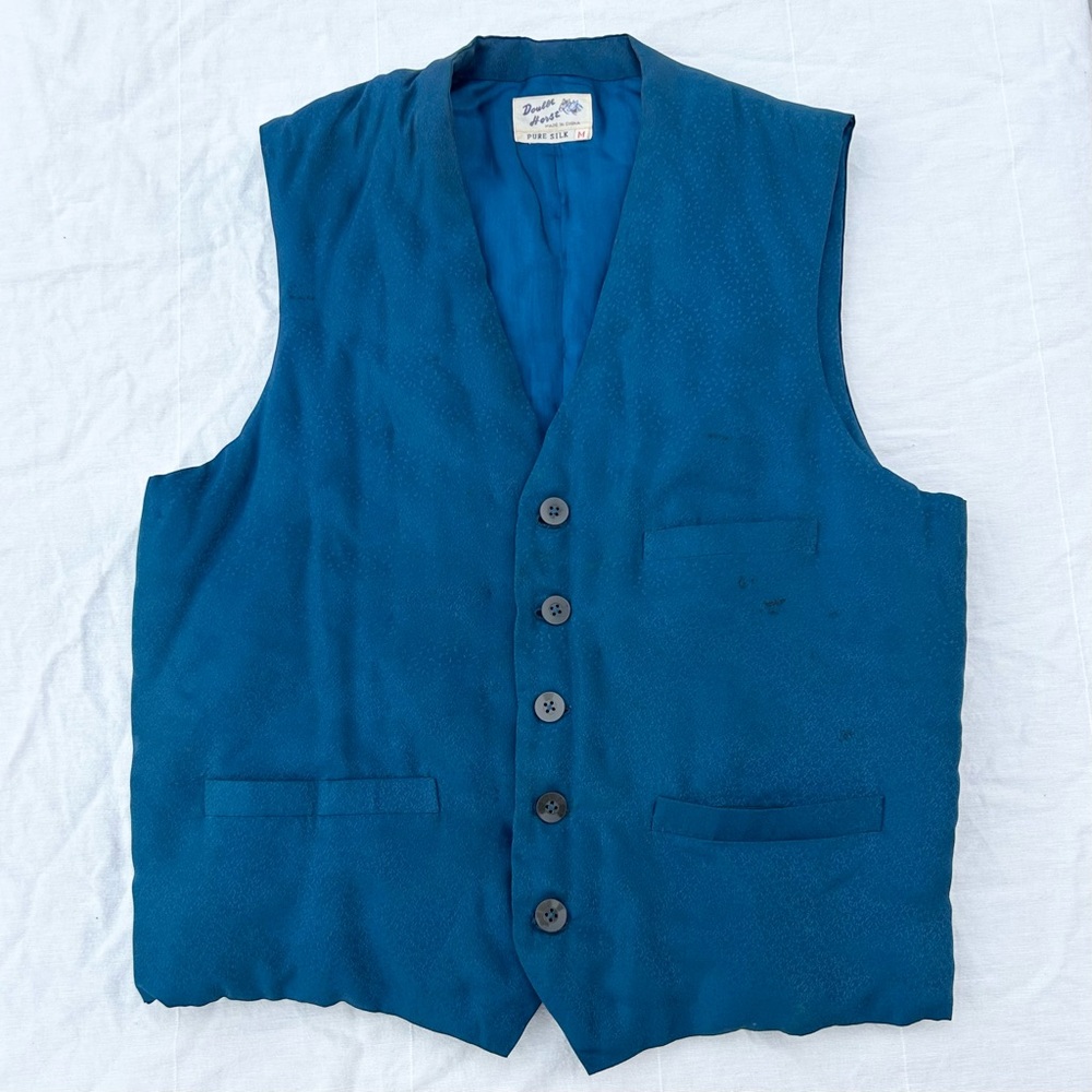 Vintage Double Horse Blue Pure Silk Puffy Vest, Western Streetwear
